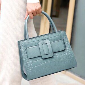 Pastel Blue Belt Leather Satchel Tote Crossbody, NWOT